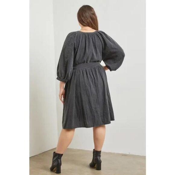 Plus Size Dark Grey Midi Dress – Flowy, Belted, Casual - Picture 2 of 4